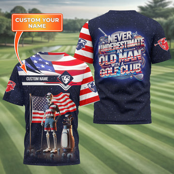 Never Underestimate An Old Man, USA Flag Shirt, Personalized Golf Shirt, Patriotic Golf Shirt, Unique Gift For Golfer